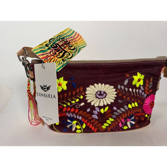 Consuela Vibrant Floral Embroidered Crossbody Bag With Leather Strap & Heart Pil